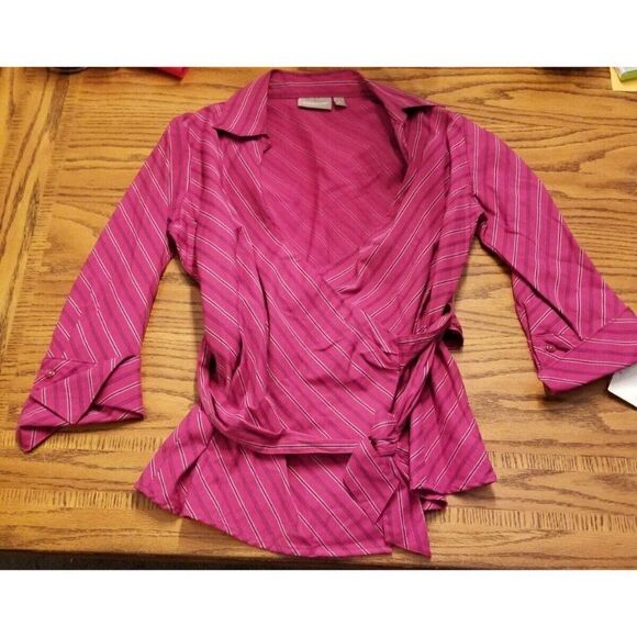 Croft & Barrow Women's size Small, wrap front, Fuscia with Black Stripes, NWT - Picture 9 of 9
